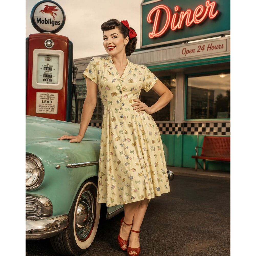 Vintage Whimsical Butter Yellow 90's Button Down Midi Dress Rockabilly Size 14